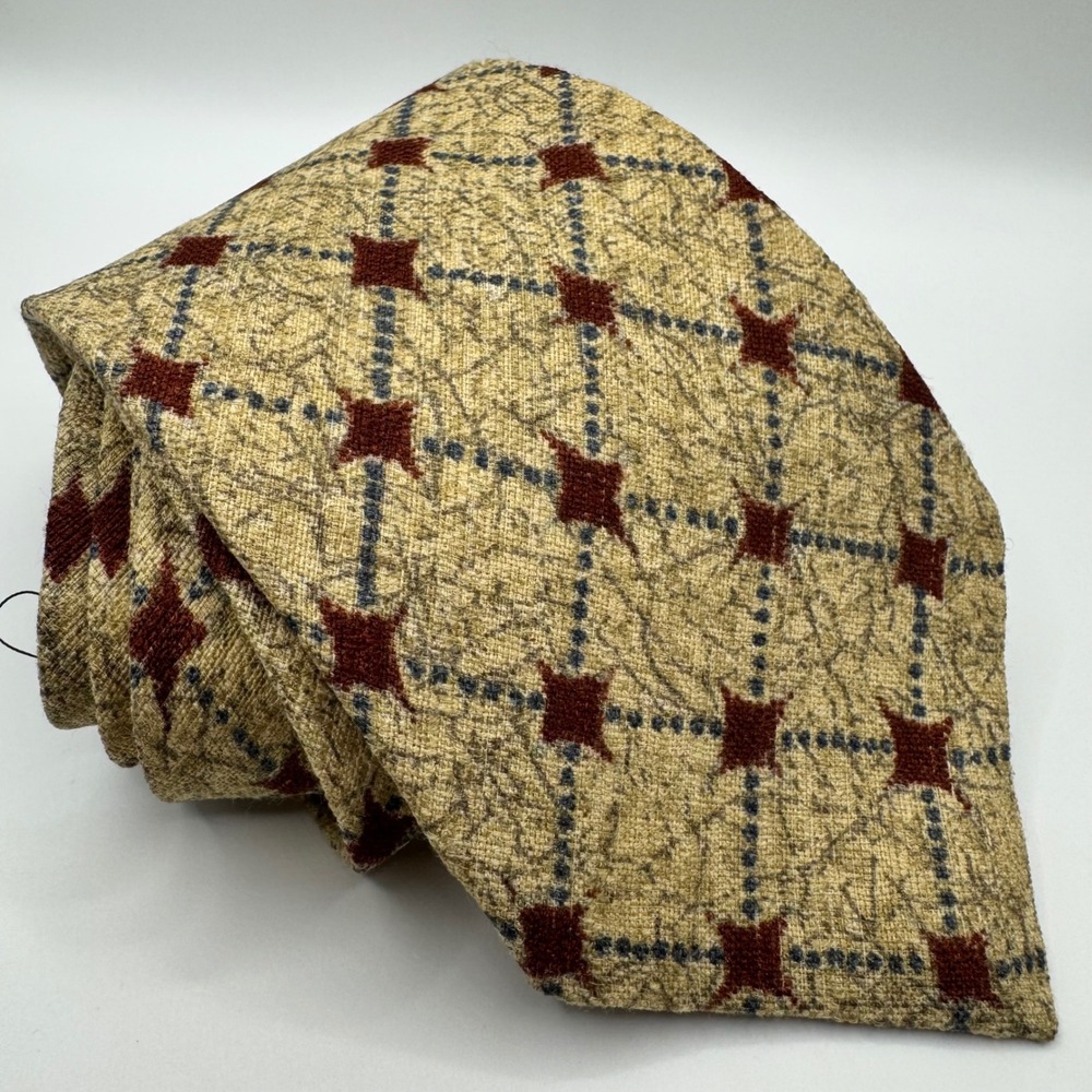 NWT Ermenegildo Zegna Silk Tie Tan Burgundy Diamond Grid Geometric Luxury Italy